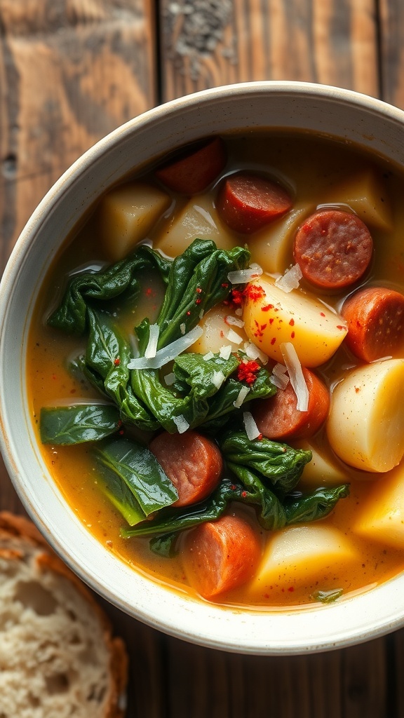 A bowl of Tuscan soup with kale, sausage, and potatoes, garnished with cheese and red pepper flakes, on a wooden table with bread.